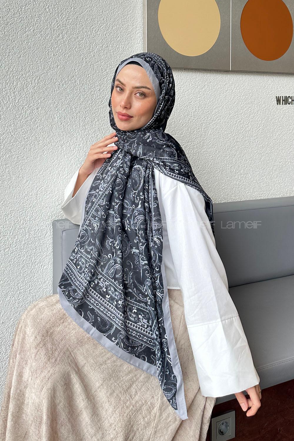 Lamelif Retro Desen Soft Şal Siyah Gri