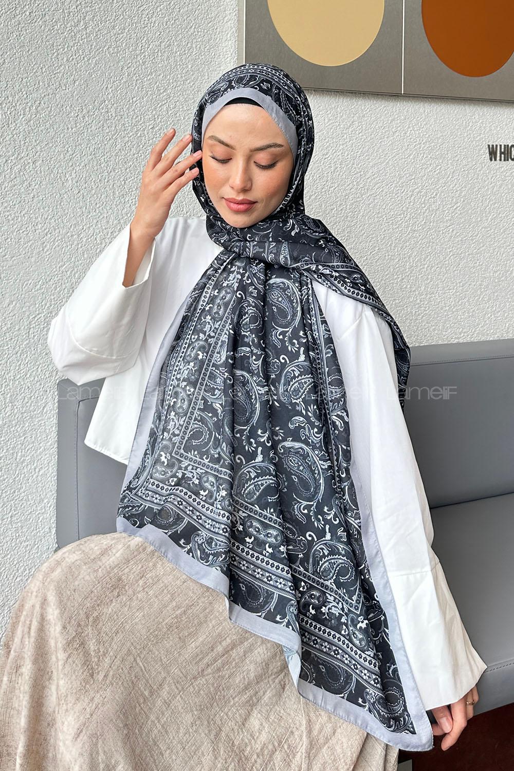 Lamelif Retro Desen Soft Şal Siyah Gri