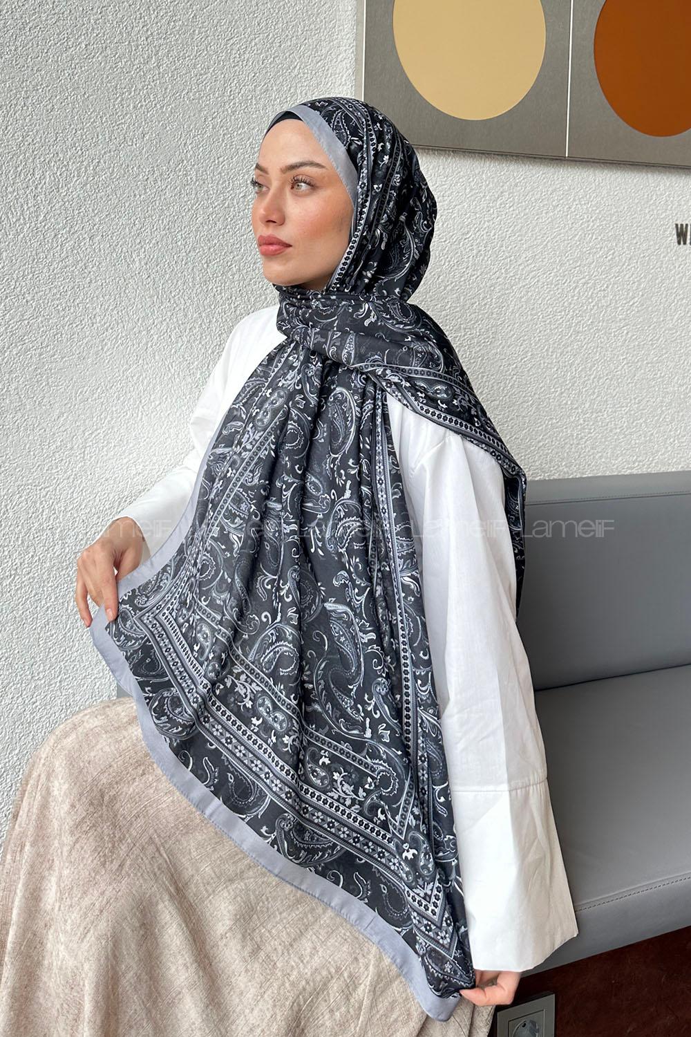 Lamelif Retro Desen Soft Şal Siyah Gri