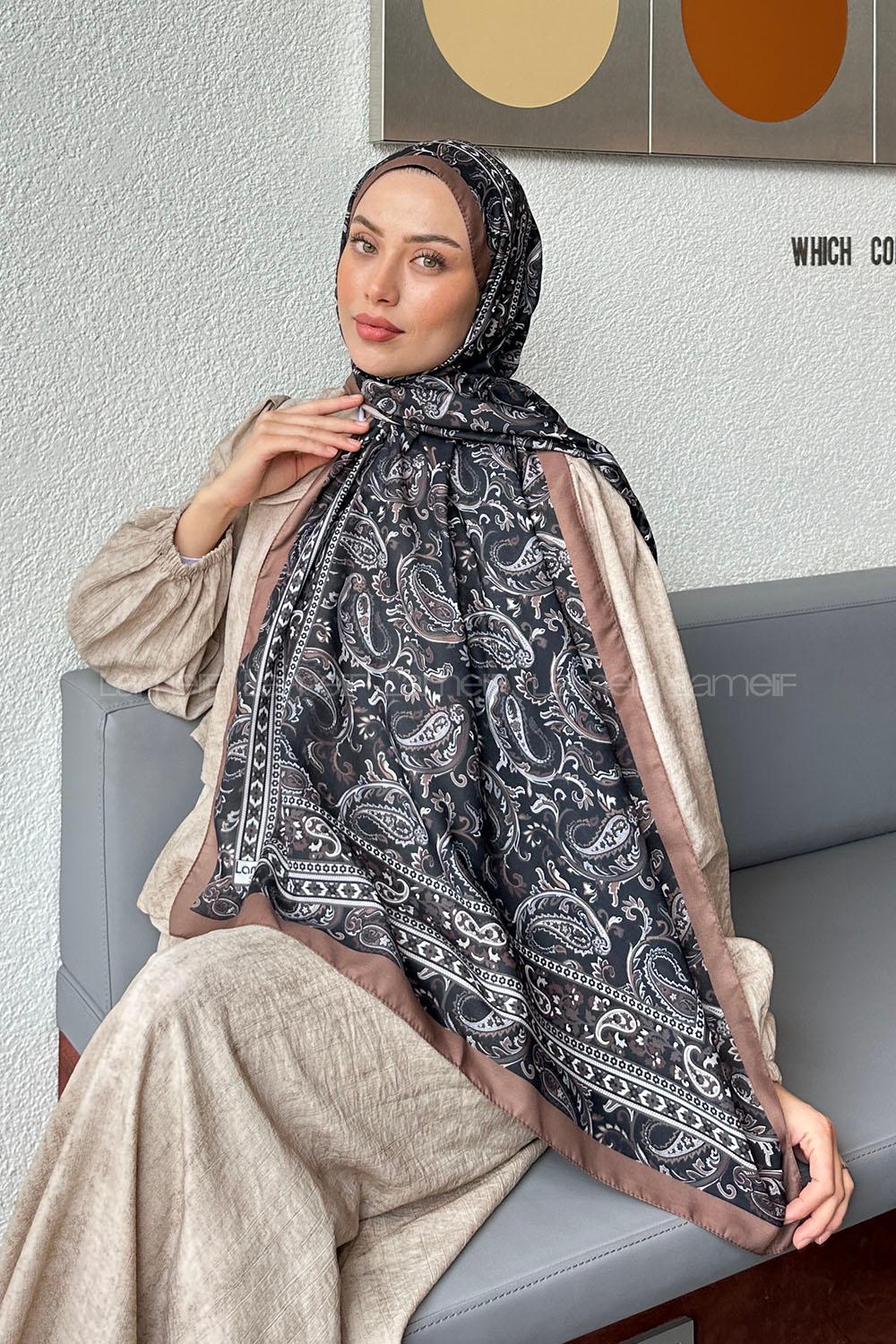 Lamelif Retro Desen Soft Şal Siyah Süttlü Kahve