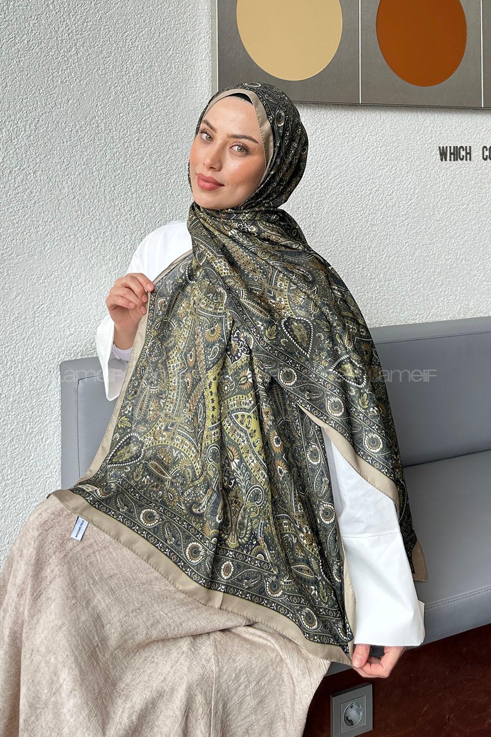 Lamelif Retro Desen Soft Şal Yağ Yeşili