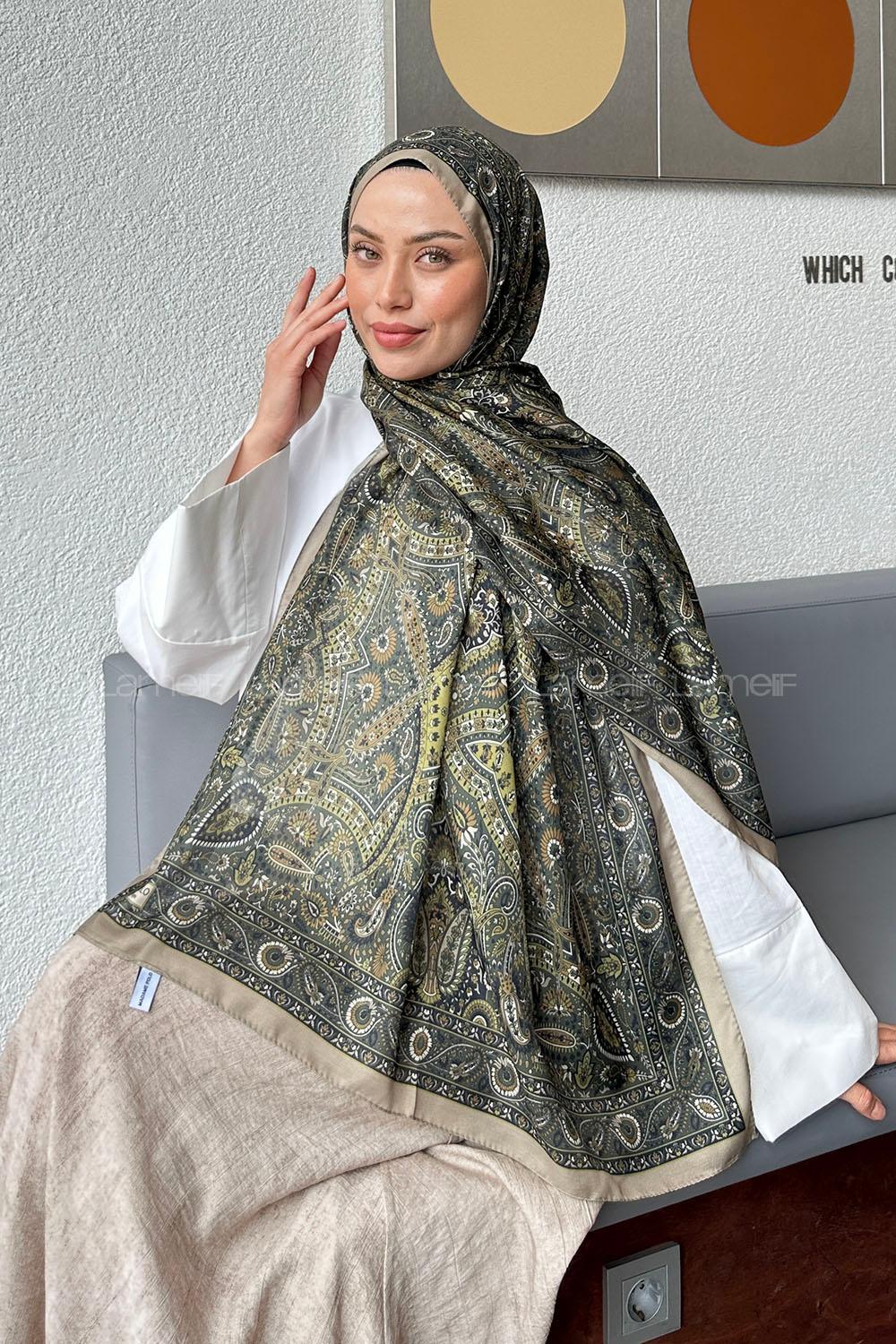 Lamelif Retro Desen Soft Şal Yağ Yeşili