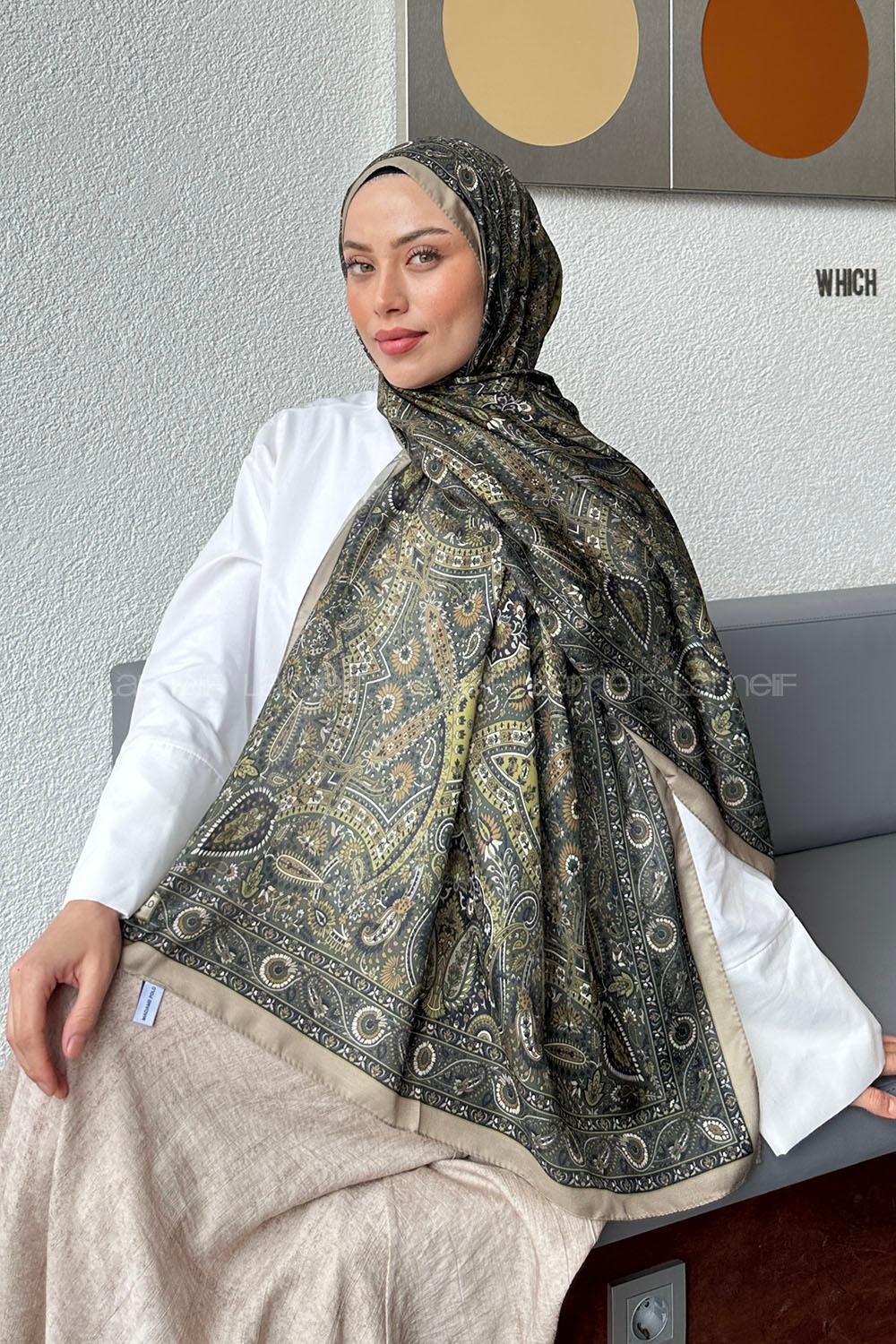 Lamelif Retro Desen Soft Şal Yağ Yeşili