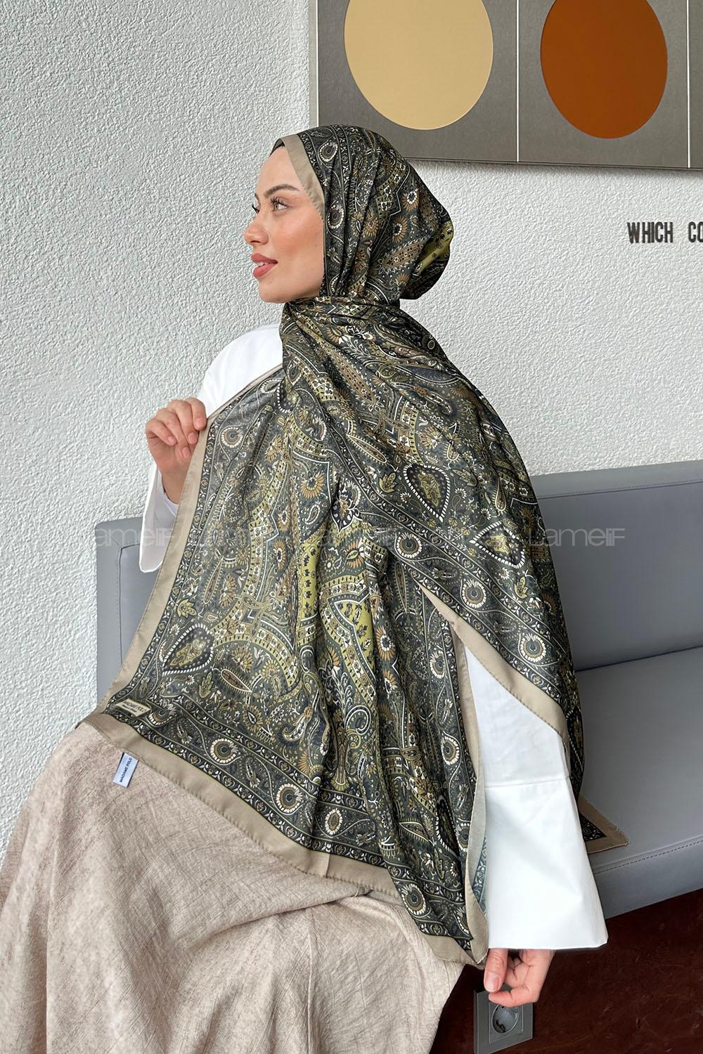 Lamelif Retro Desen Soft Şal Yağ Yeşili