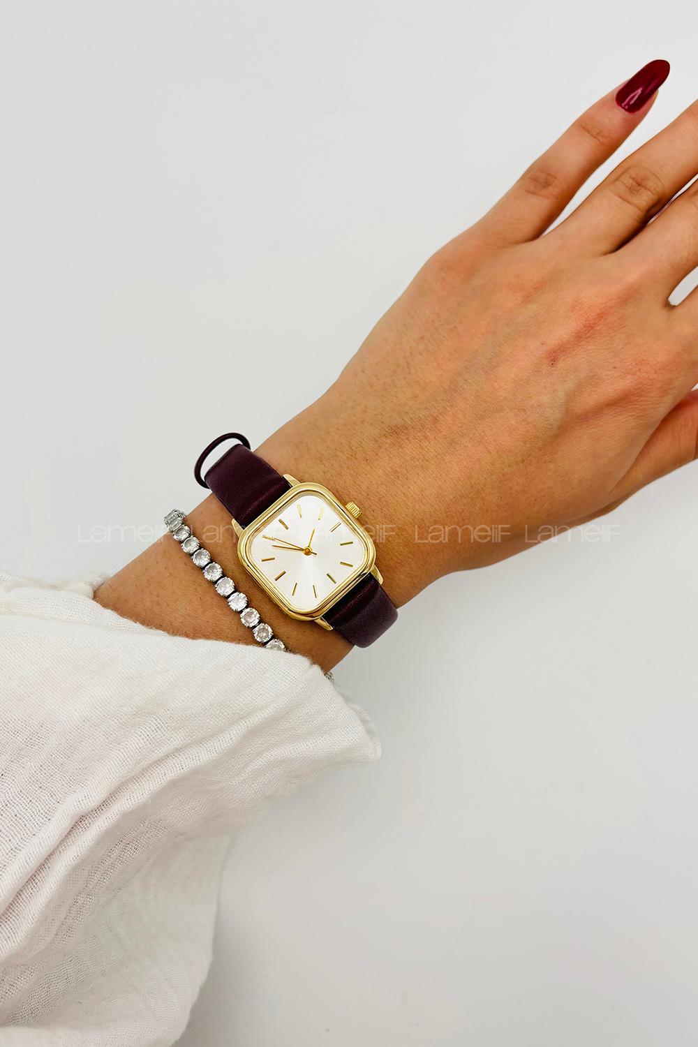Lamelif Bordo Gold Çerçeve Deri Kordon Kol Saati