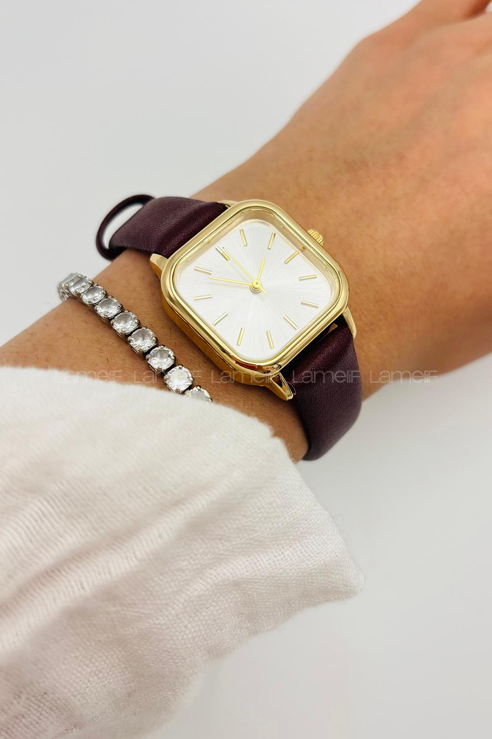 Lamelif Bordo Gold Çerçeve Deri Kordon Kol Saati