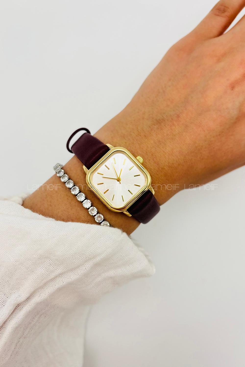 Lamelif Bordo Gold Çerçeve Deri Kordon Kol Saati