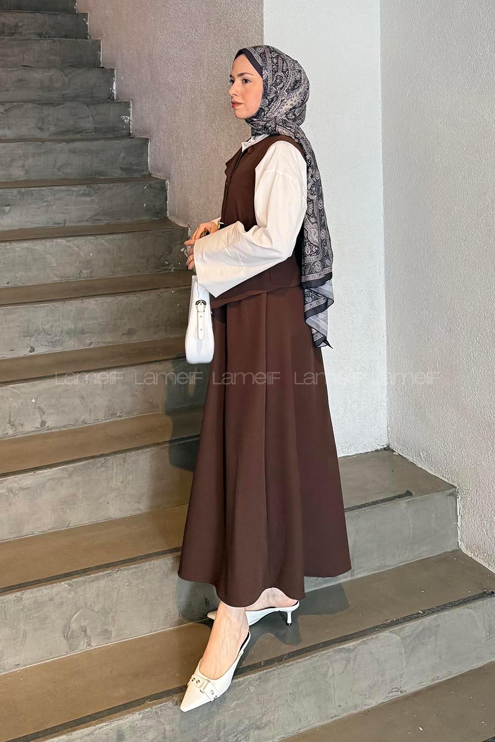 Lamelif Düğmeli Etek-Yelek Tesettür İkili Takım Acı Kahve