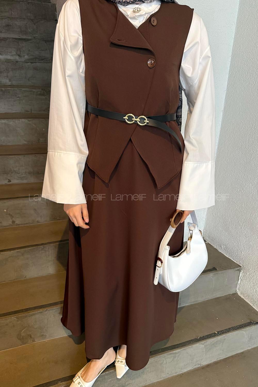 Lamelif Düğmeli Etek-Yelek Tesettür İkili Takım Acı Kahve