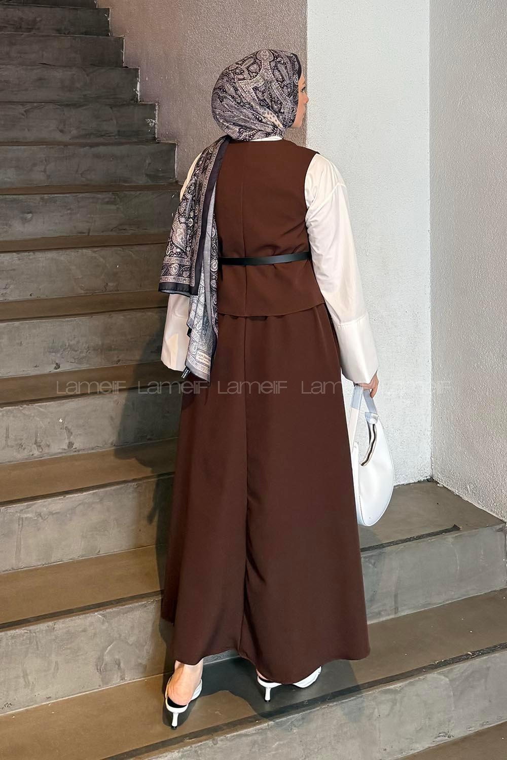 Lamelif Düğmeli Etek-Yelek Tesettür İkili Takım Acı Kahve
