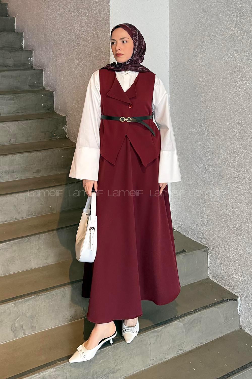 Lamelif Düğmeli Etek-Yelek Tesettür İkili Takım Bordo
