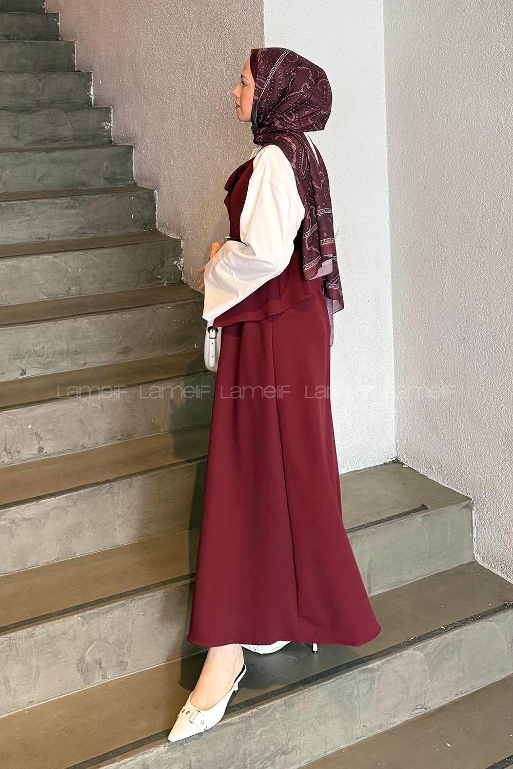 Lamelif Düğmeli Etek-Yelek Tesettür İkili Takım Bordo