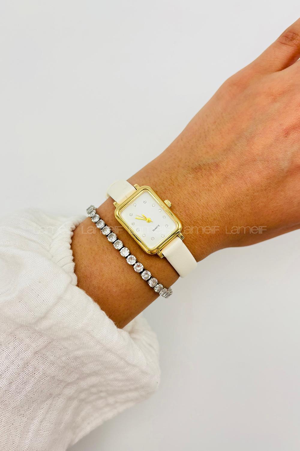 Lamelif Gold Çerçeve Taş Detaylı Beyaz Deri Kayışlı Kol Saati