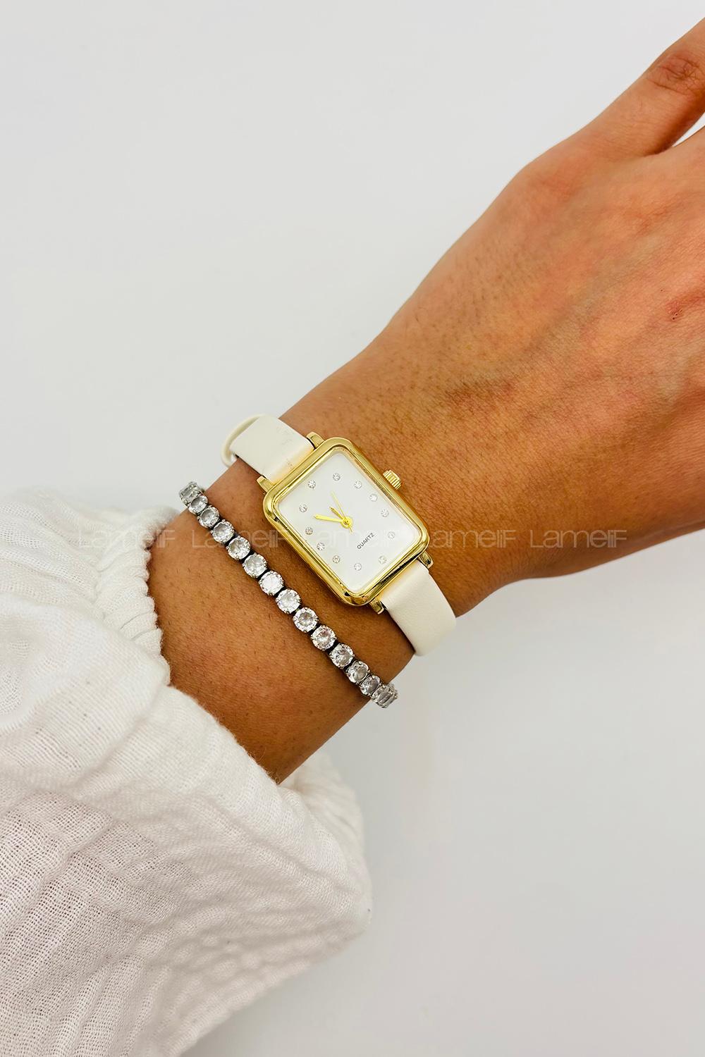 Lamelif Gold Çerçeve Taş Detaylı Beyaz Deri Kayışlı Kol Saati
