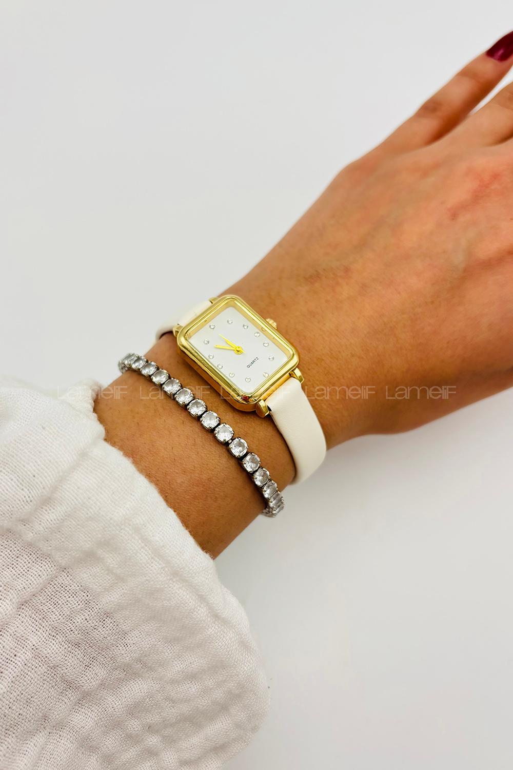 Lamelif Gold Çerçeve Taş Detaylı Beyaz Deri Kayışlı Kol Saati
