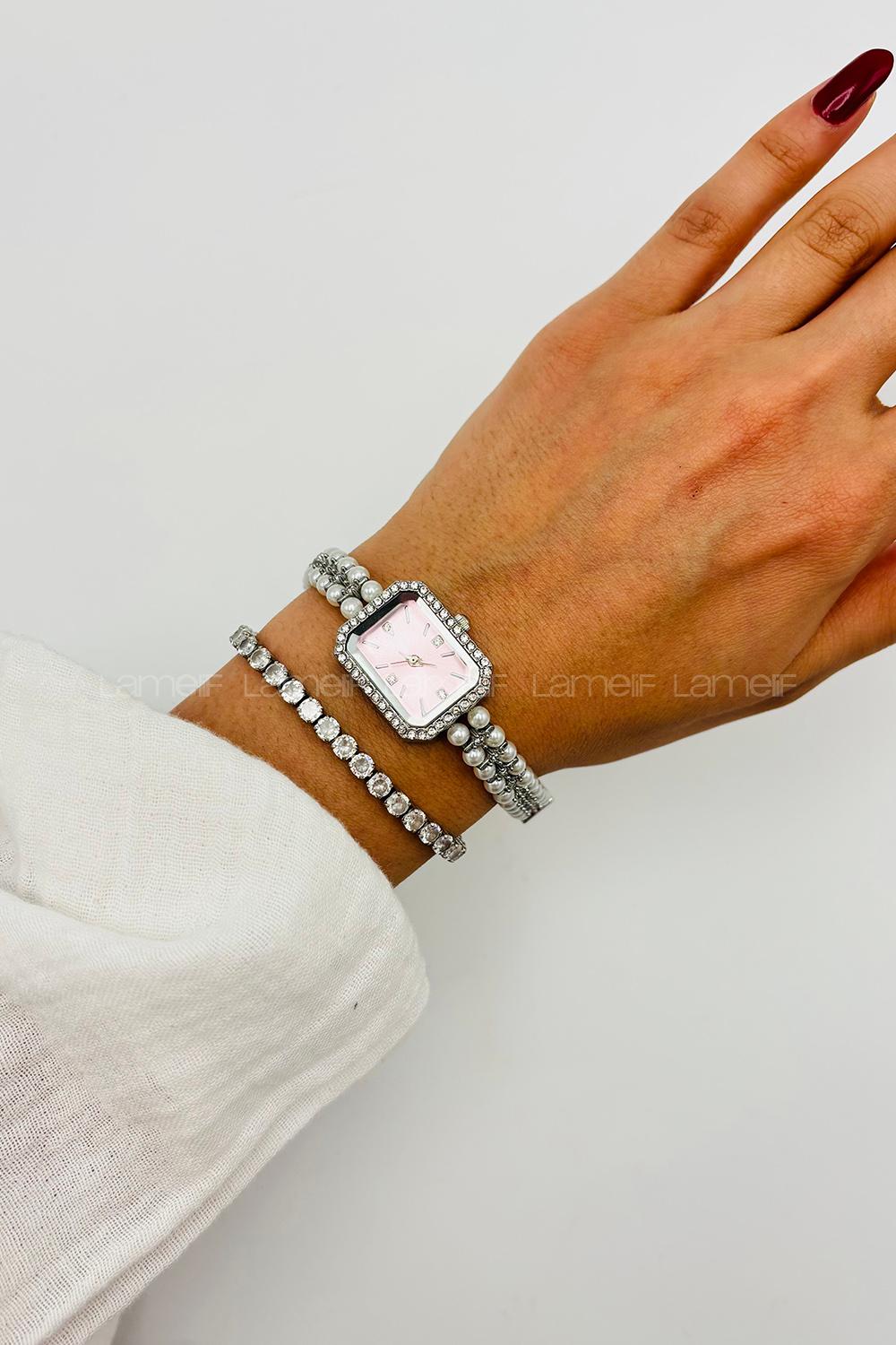 Lamelif Gümüş Pembe Ekartman İnci Detaylı Metal Kordon Kol Saati