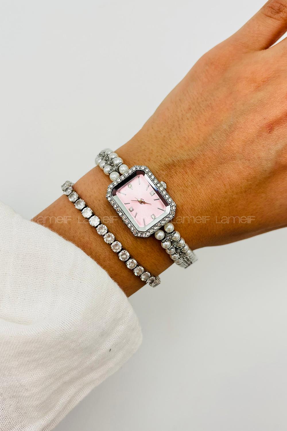 Lamelif Gümüş Pembe Ekartman İnci Detaylı Metal Kordon Kol Saati