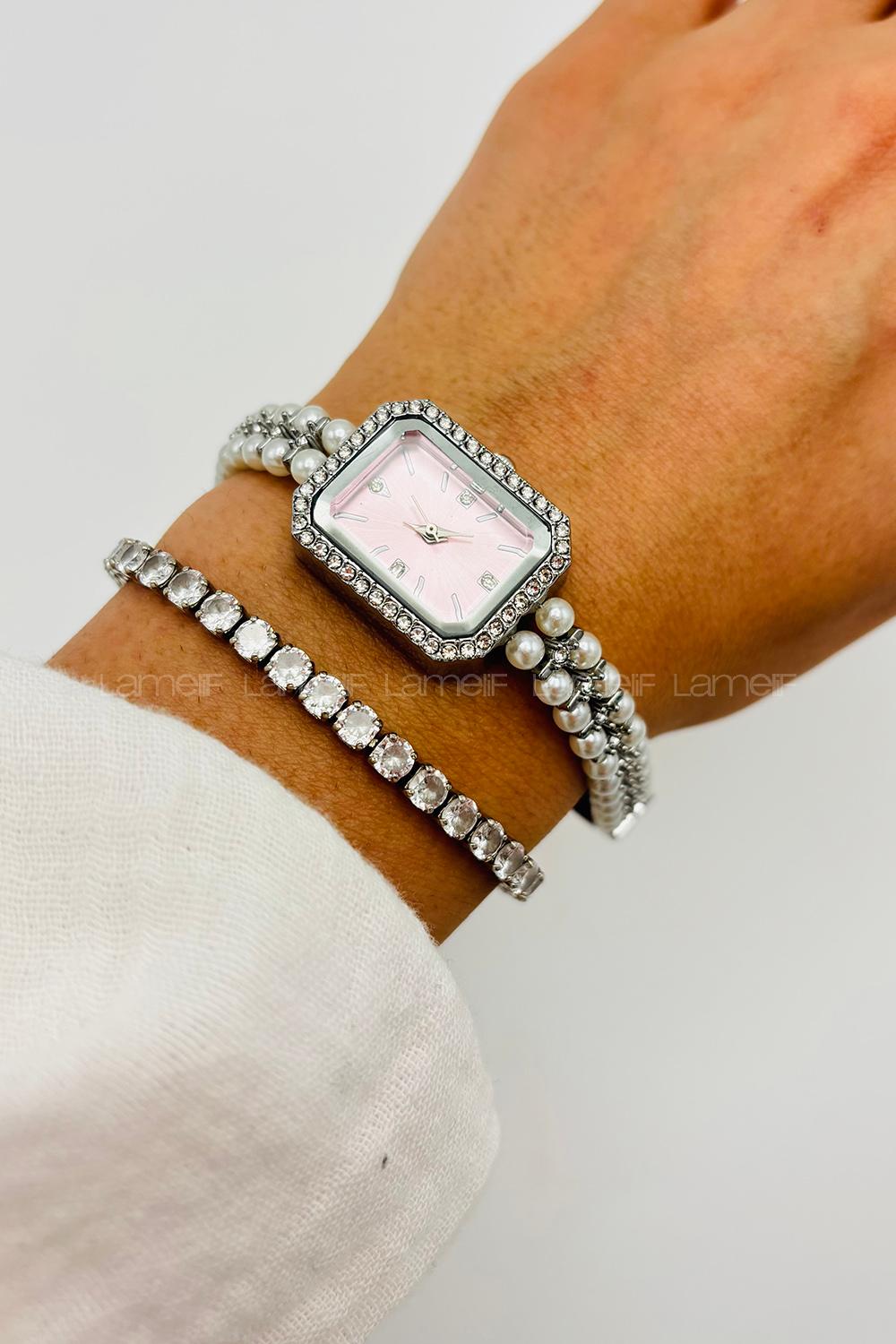 Lamelif Gümüş Pembe Ekartman İnci Detaylı Metal Kordon Kol Saati