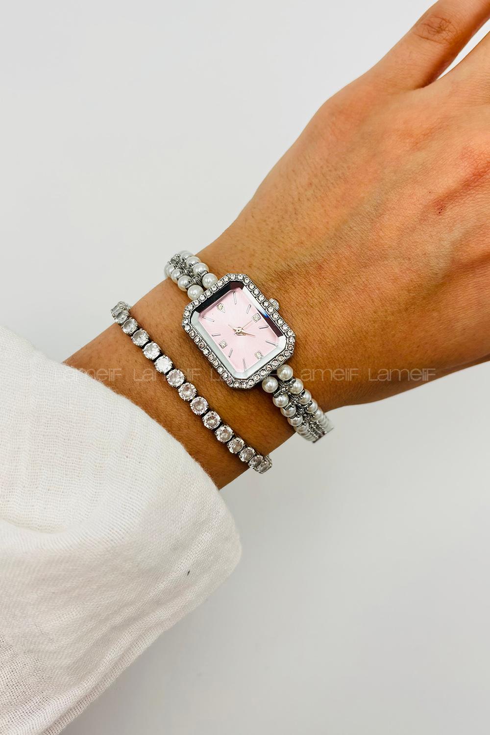 Lamelif Gümüş Pembe Ekartman İnci Detaylı Metal Kordon Kol Saati