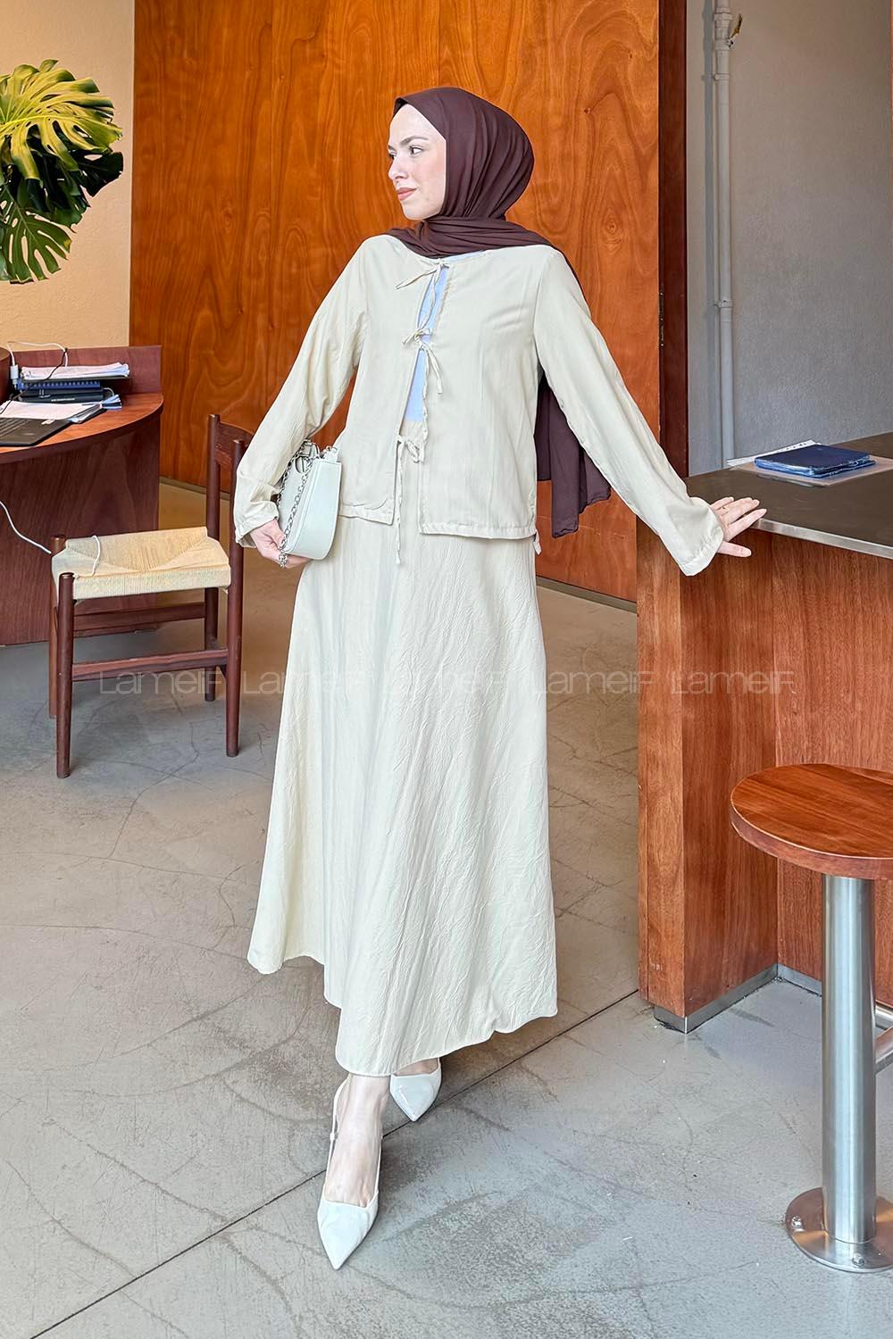 Lamelif Modal Kıraş Gömlek-Etek Takım Krem