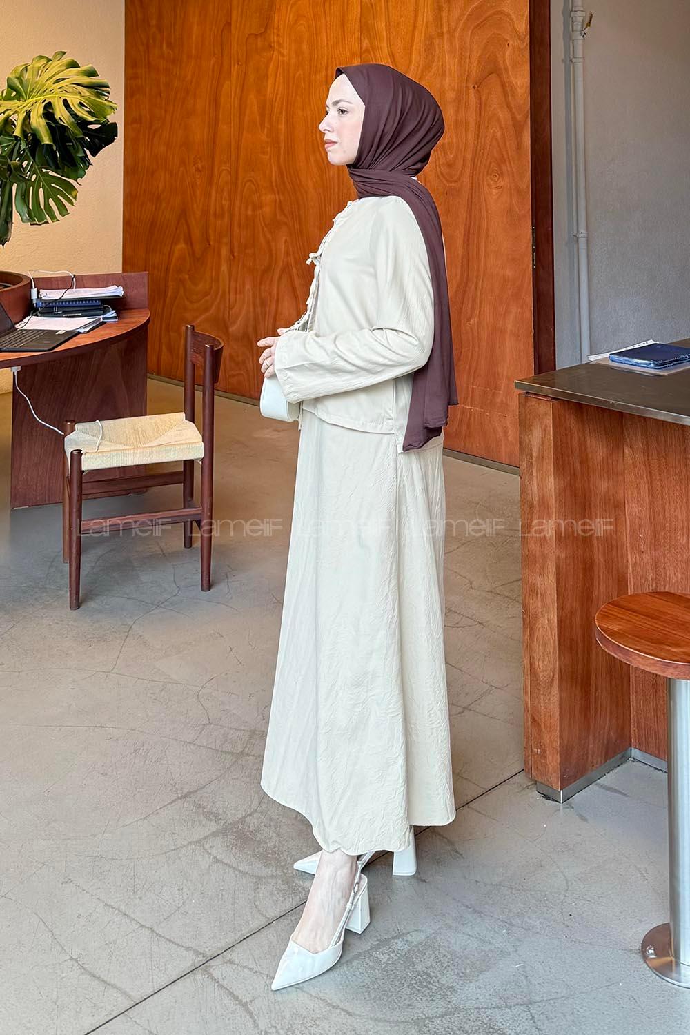 Lamelif Modal Kıraş Gömlek-Etek Takım Krem