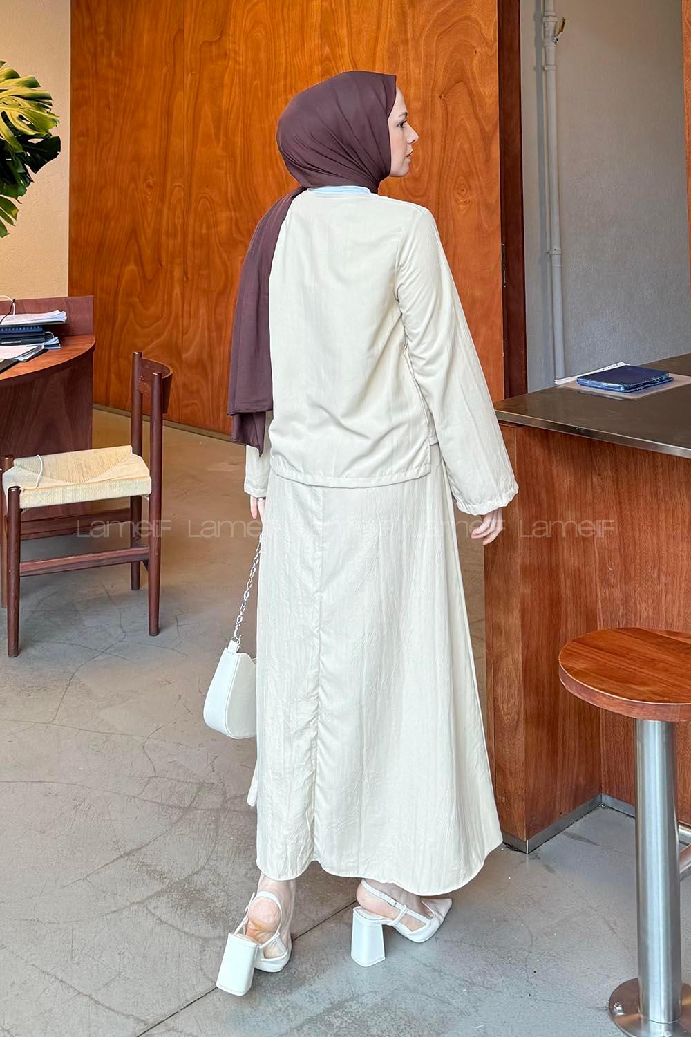 Lamelif Modal Kıraş Gömlek-Etek Takım Krem