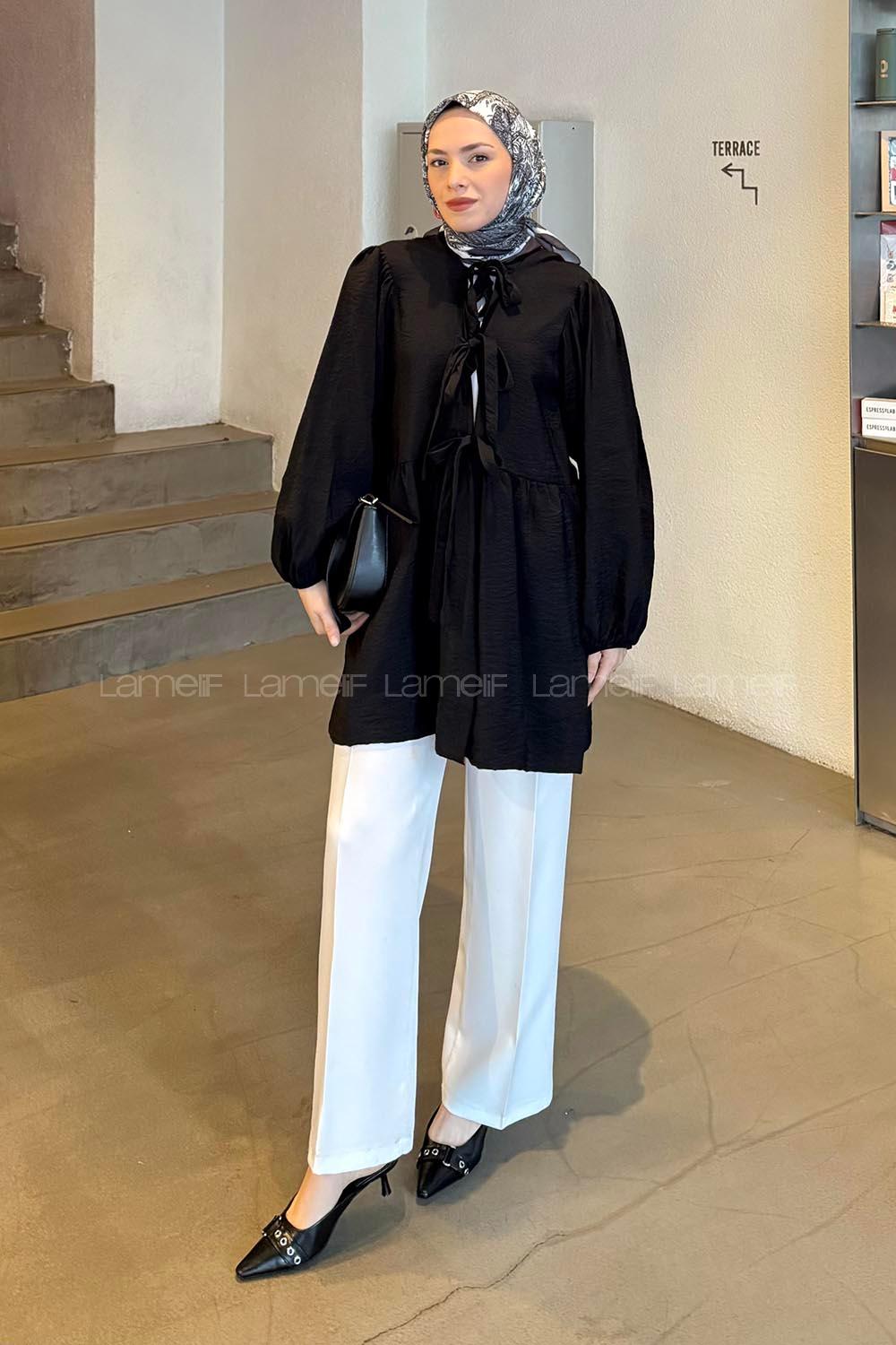 Lamelif Ön Bağlama Detaylı Tunik Siyah