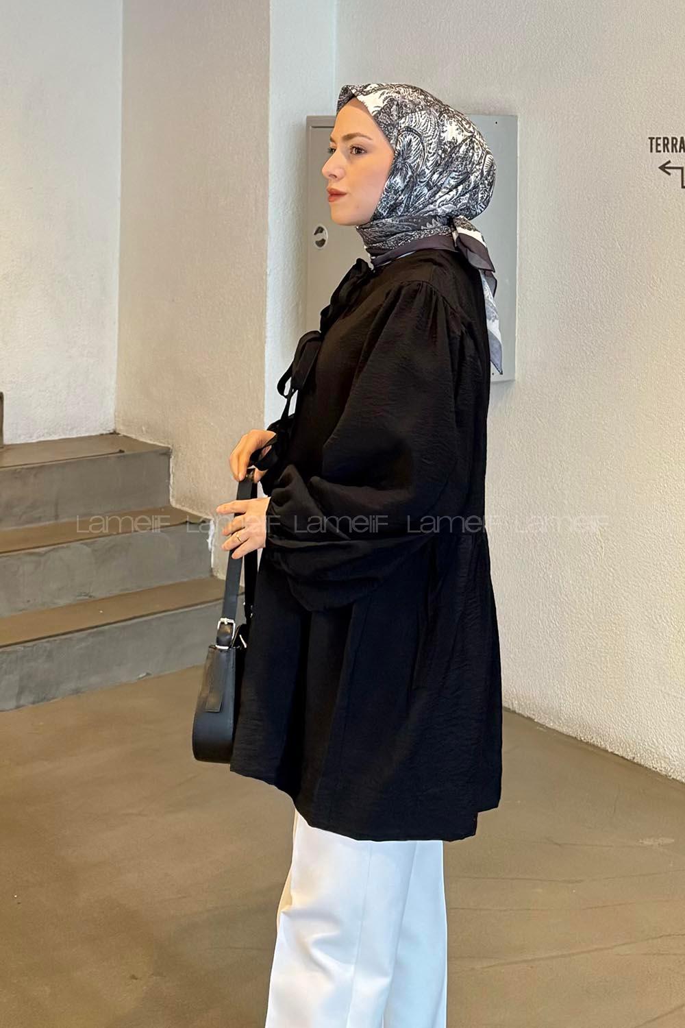Lamelif Ön Bağlama Detaylı Tunik Siyah