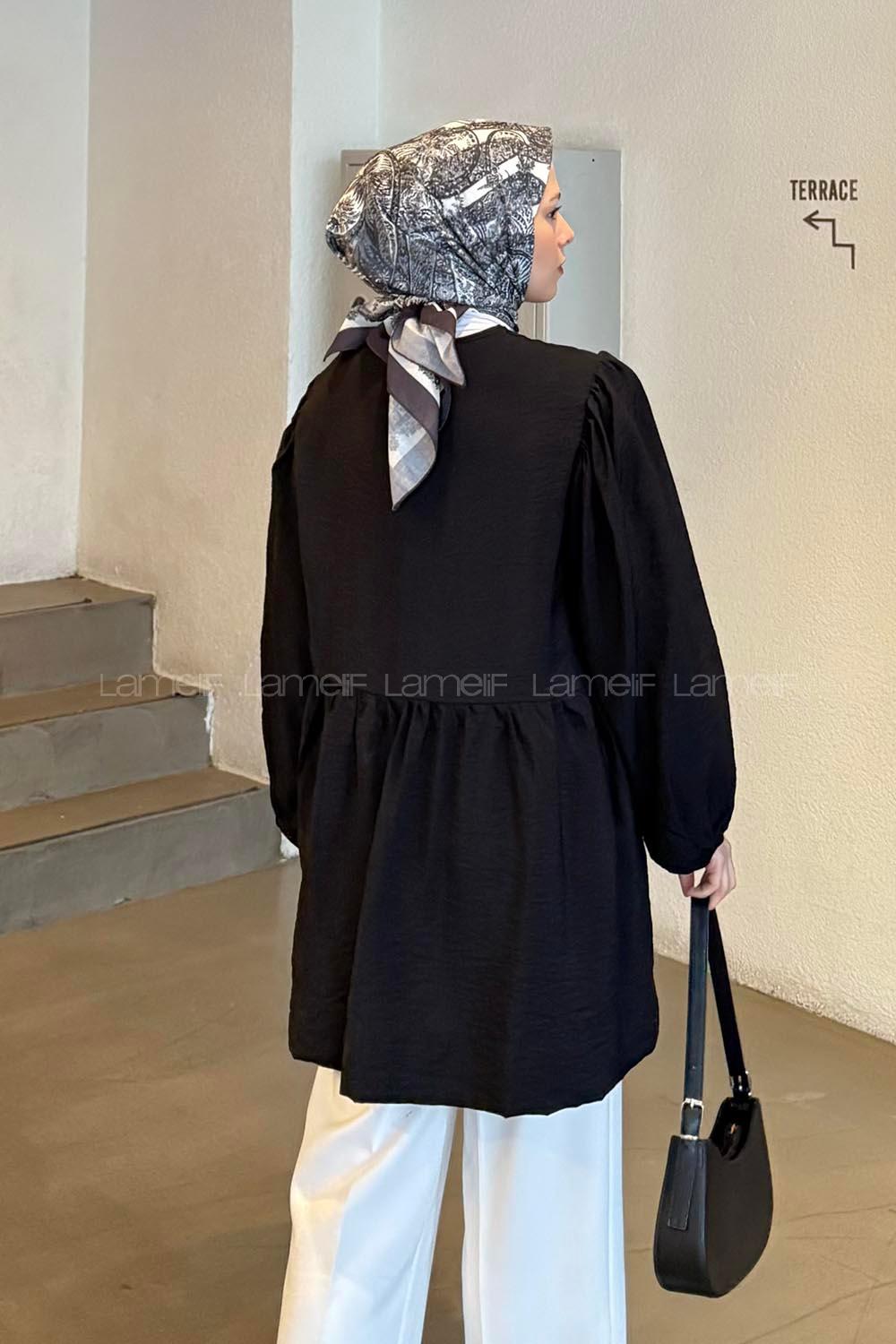 Lamelif Ön Bağlama Detaylı Tunik Siyah