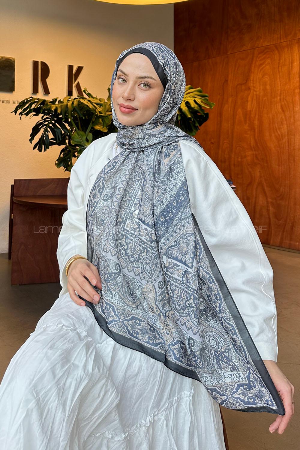 Lamelif Retro Desen Soft Şal Siyah Gümüş