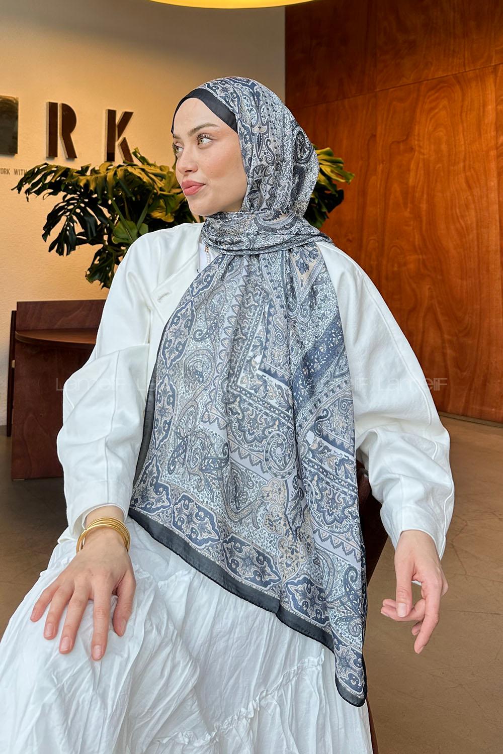 Lamelif Retro Desen Soft Şal Siyah Gümüş