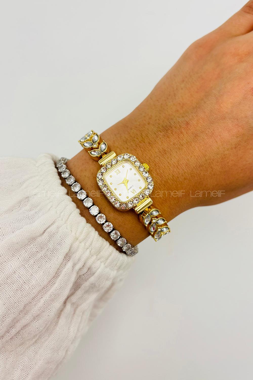 Lamellif Gold Kristal Taşlı Metal Kordon Kol Saati