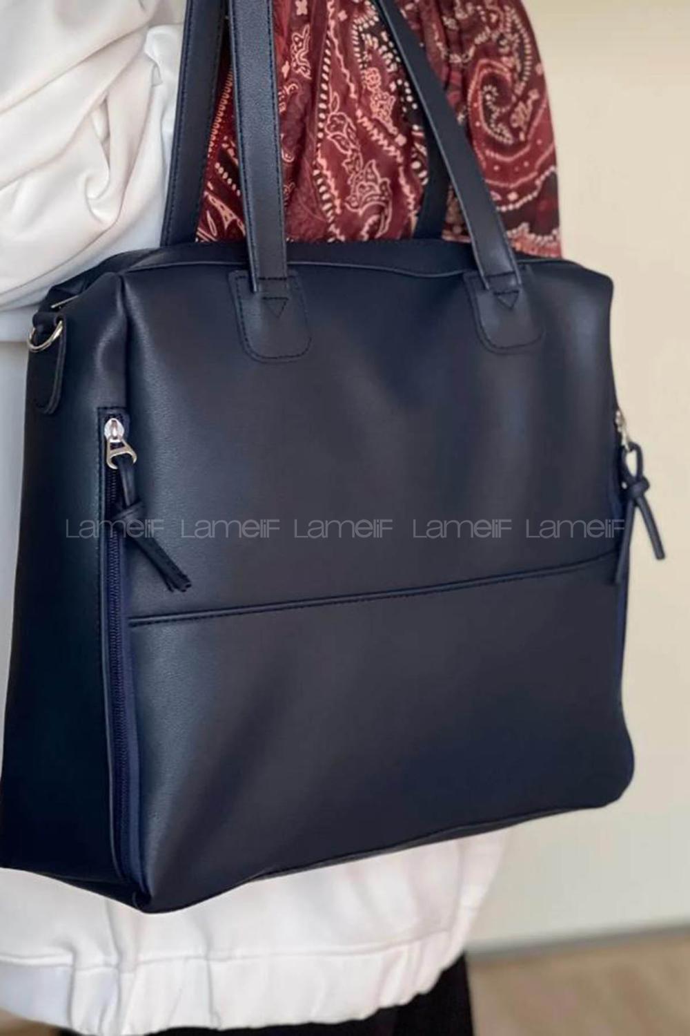 Navy Blue With Zipper Skin Hand Bag Bag