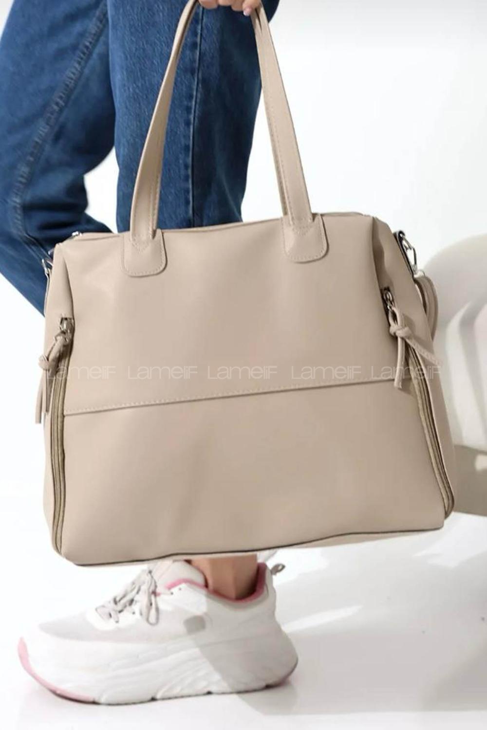 Modalamelif Yan Fermuar Detaylı Deri Çanta Vizonrengi