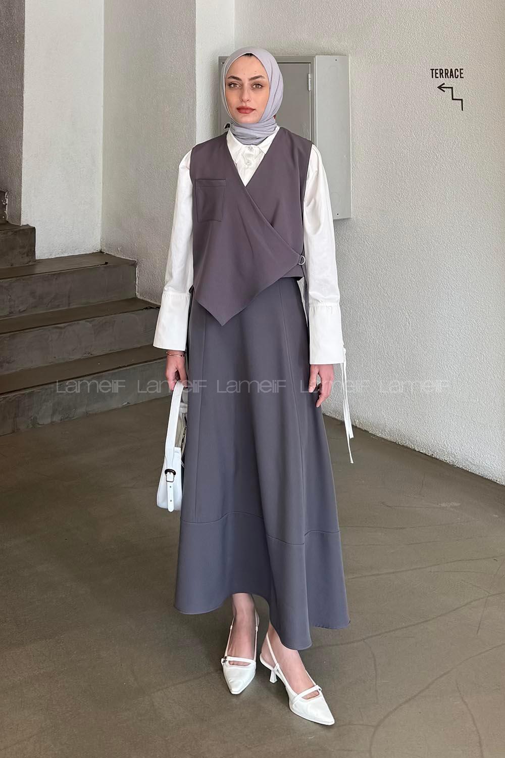 Lamelif Bağlama Detaylı Tesettür Takım Koyu Gri