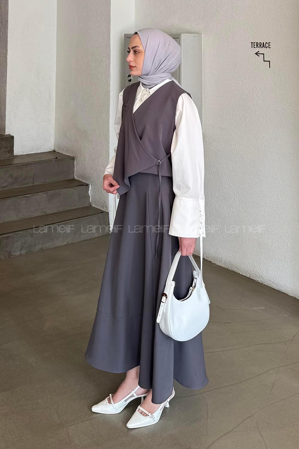 Lamelif Bağlama Detaylı Tesettür Takım Koyu Gri