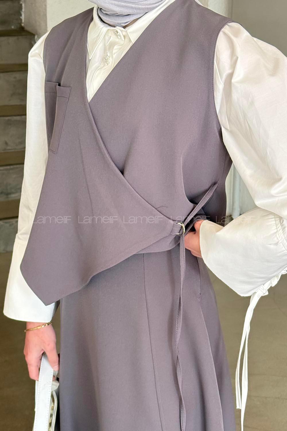 Lamelif Bağlama Detaylı Tesettür Takım Koyu Gri