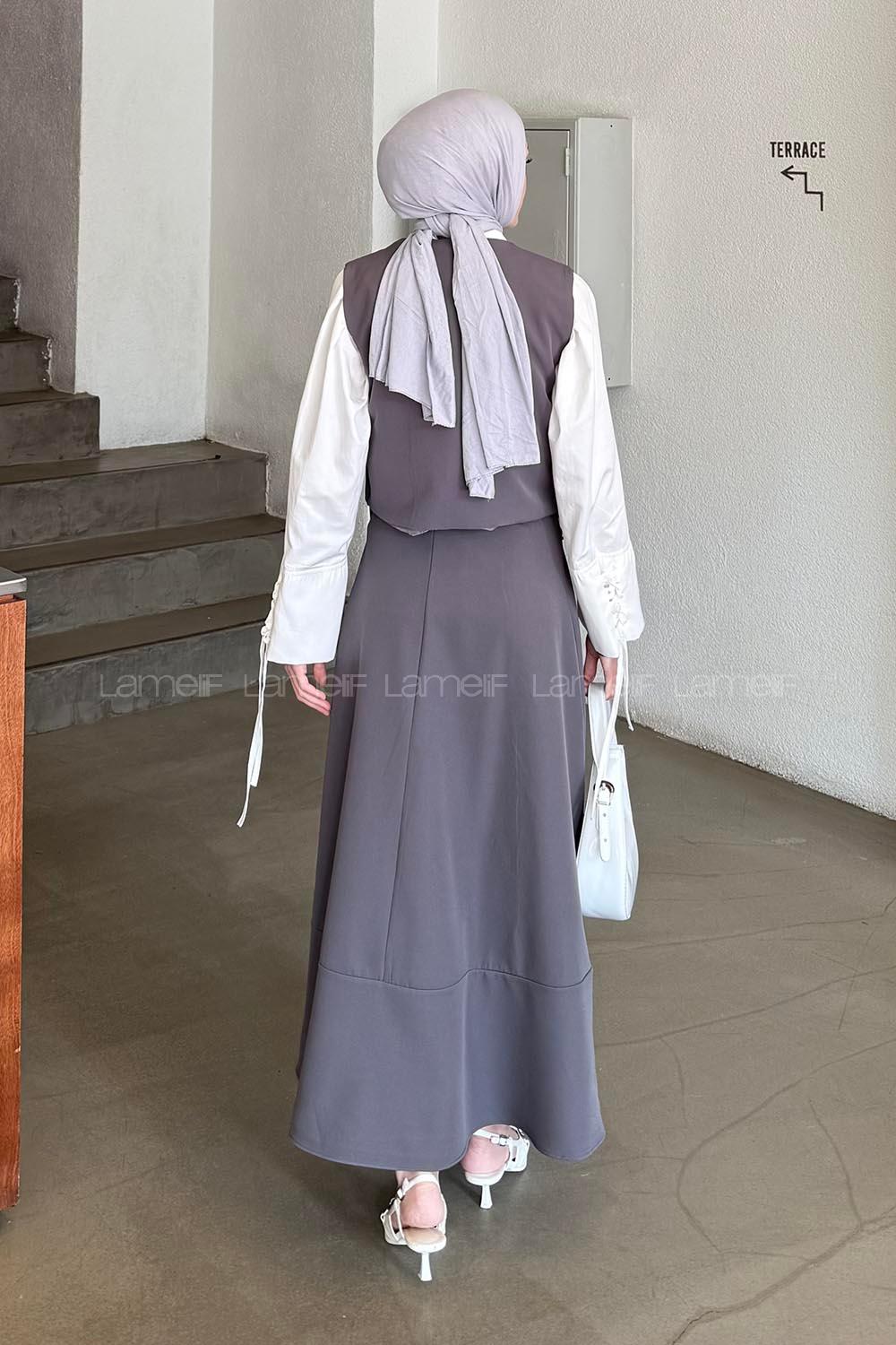 Lamelif Bağlama Detaylı Tesettür Takım Koyu Gri