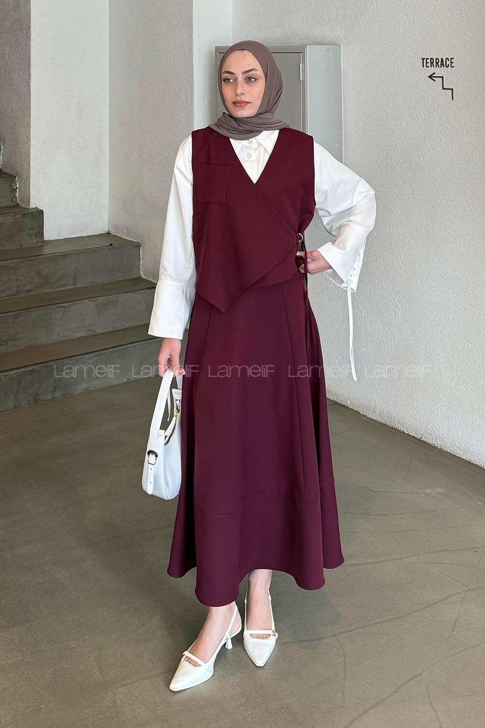 Lamelif Bağlama Detaylı Tesettür Takım Mürdüm