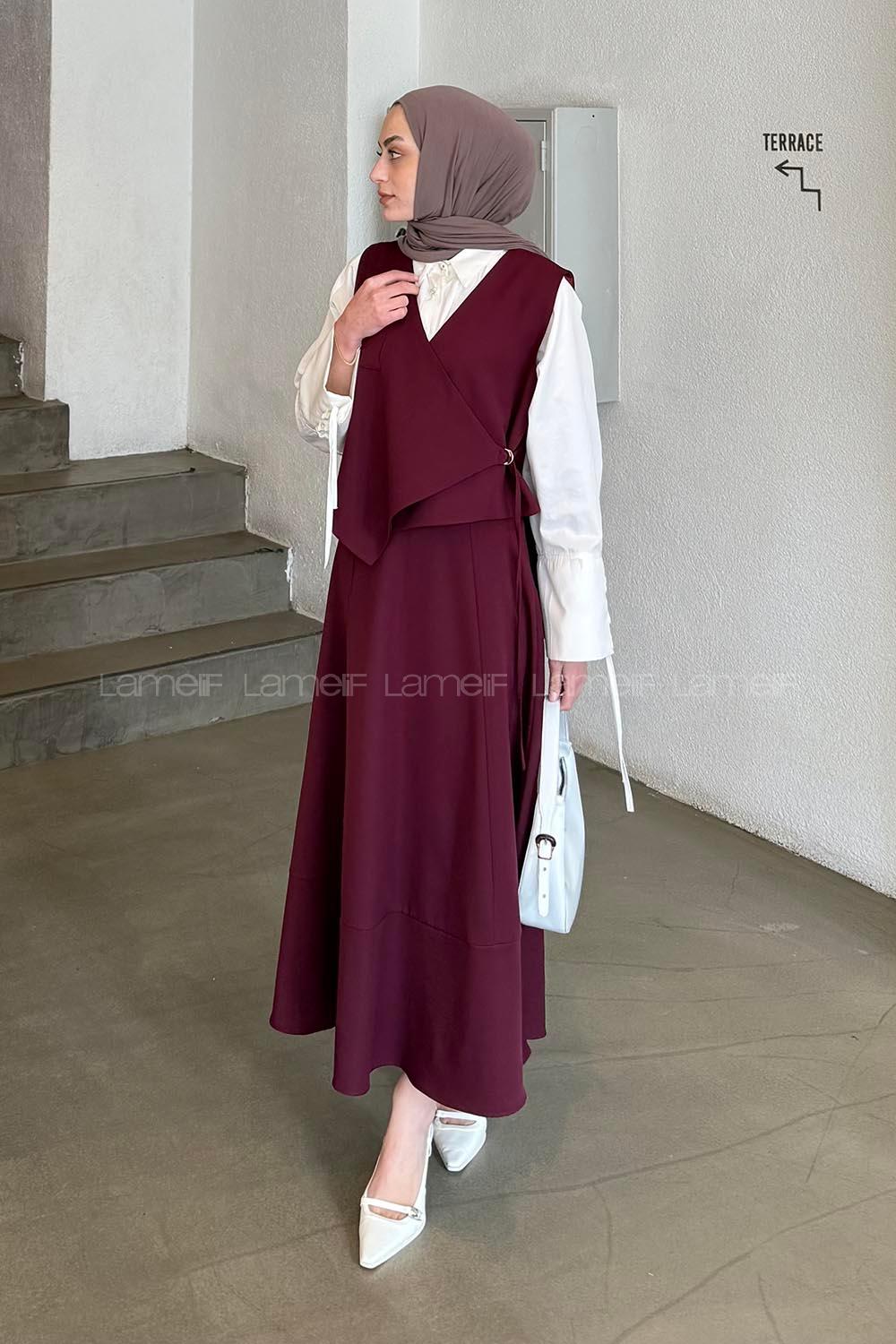 Lamelif Bağlama Detaylı Tesettür Takım Mürdüm