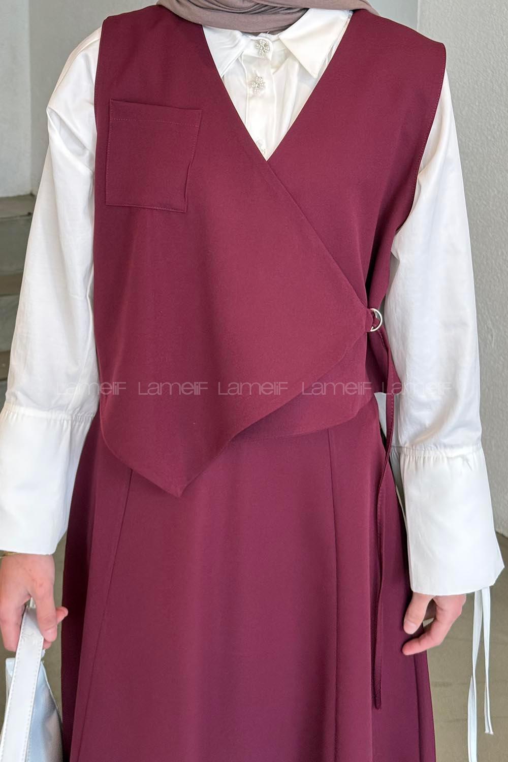 Lamelif Bağlama Detaylı Tesettür Takım Mürdüm