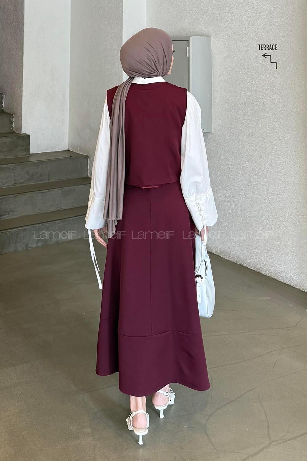 Lamelif Bağlama Detaylı Tesettür Takım Mürdüm