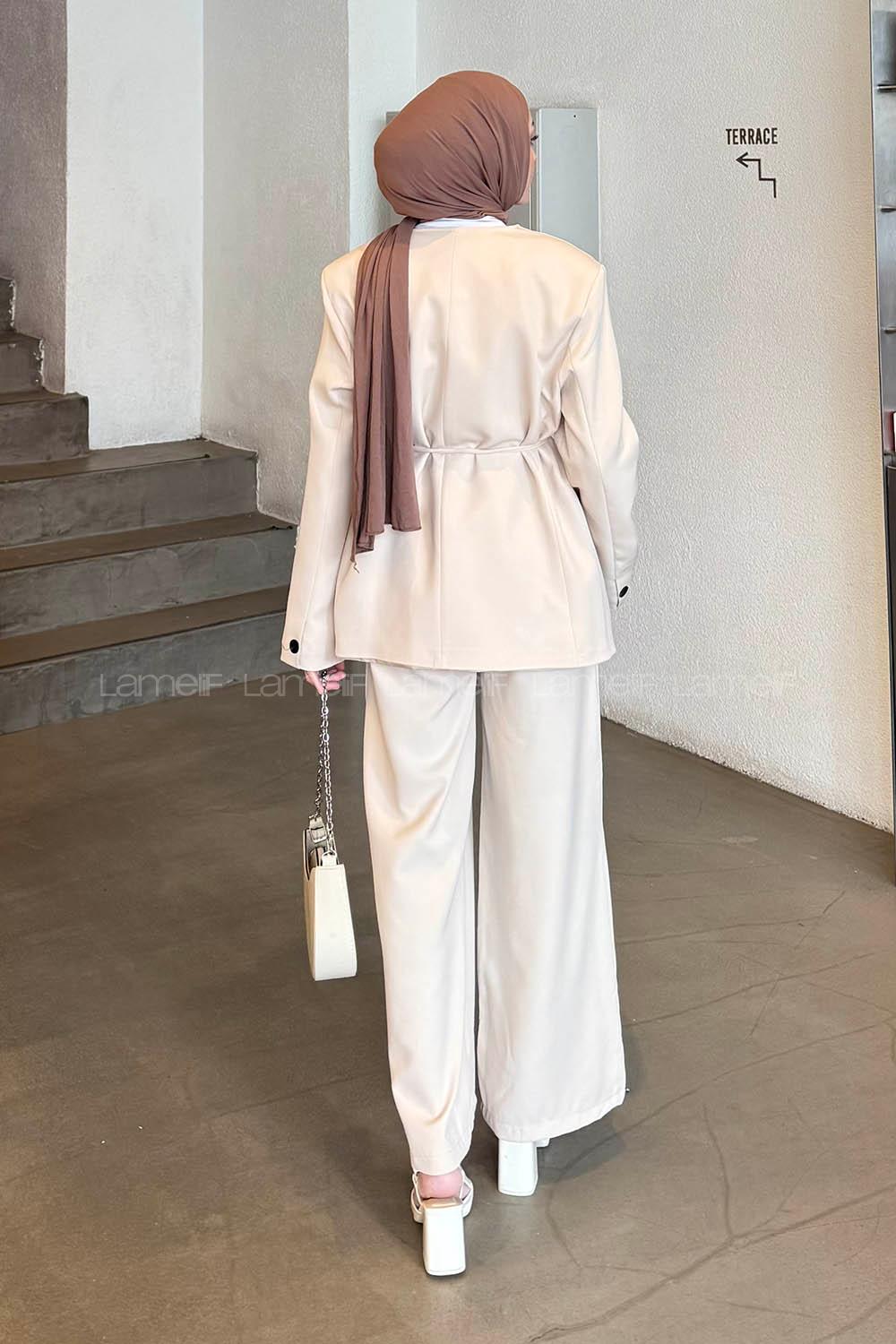 Lamelif Bel Kuşaklı Ceket Pantolon İkili Tesettür Takım Taş Rengi