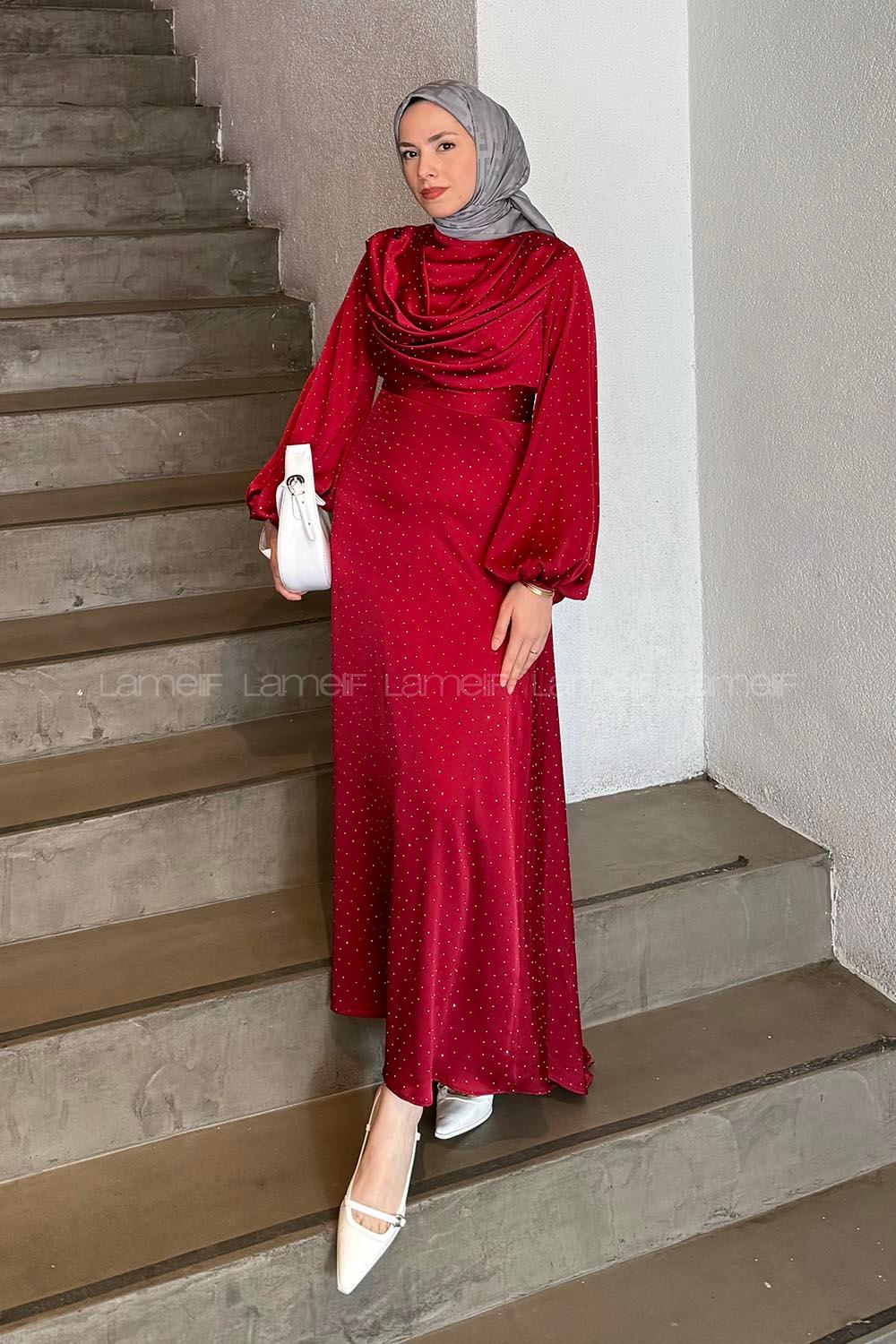 Lamelif Degaje Detaylı Saten Elbise Bordo