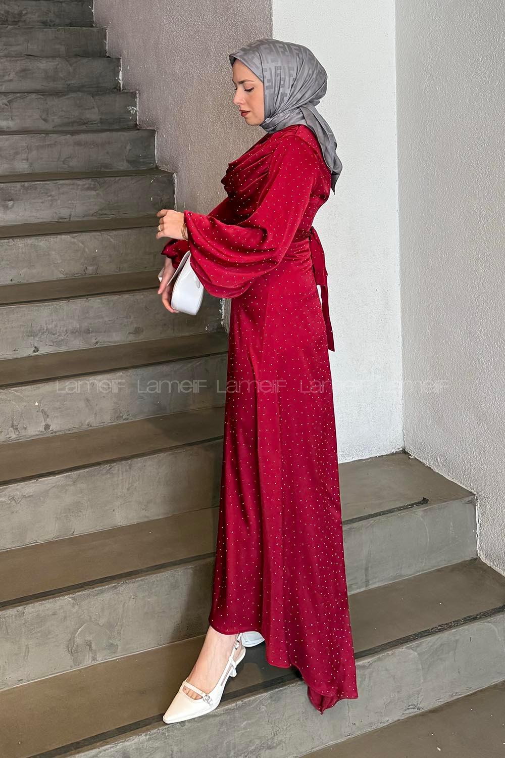 Lamelif Degaje Detaylı Saten Elbise Bordo