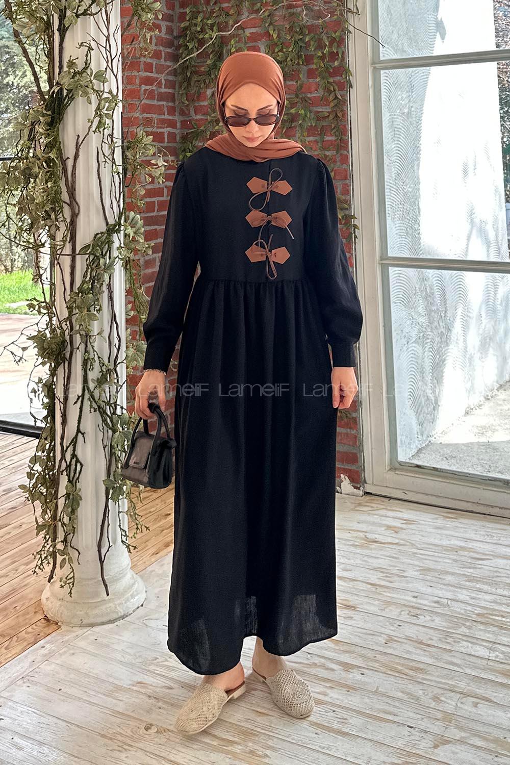 Lamelif Deri Detaylı Tesettür Elbise Siyah