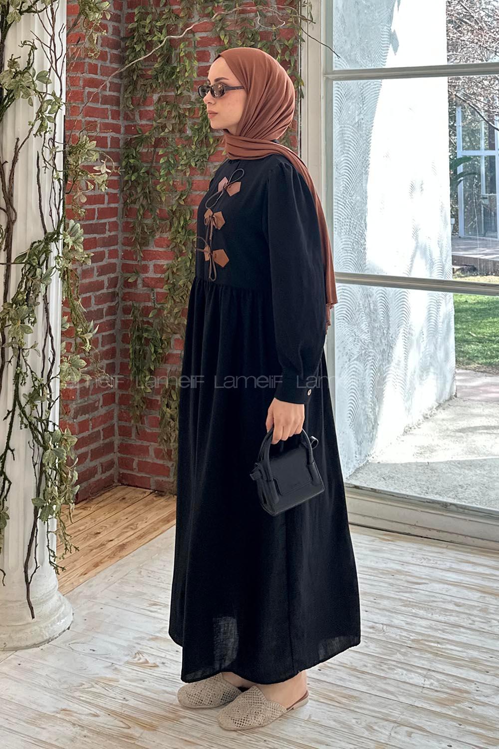 Lamelif Deri Detaylı Tesettür Elbise Siyah