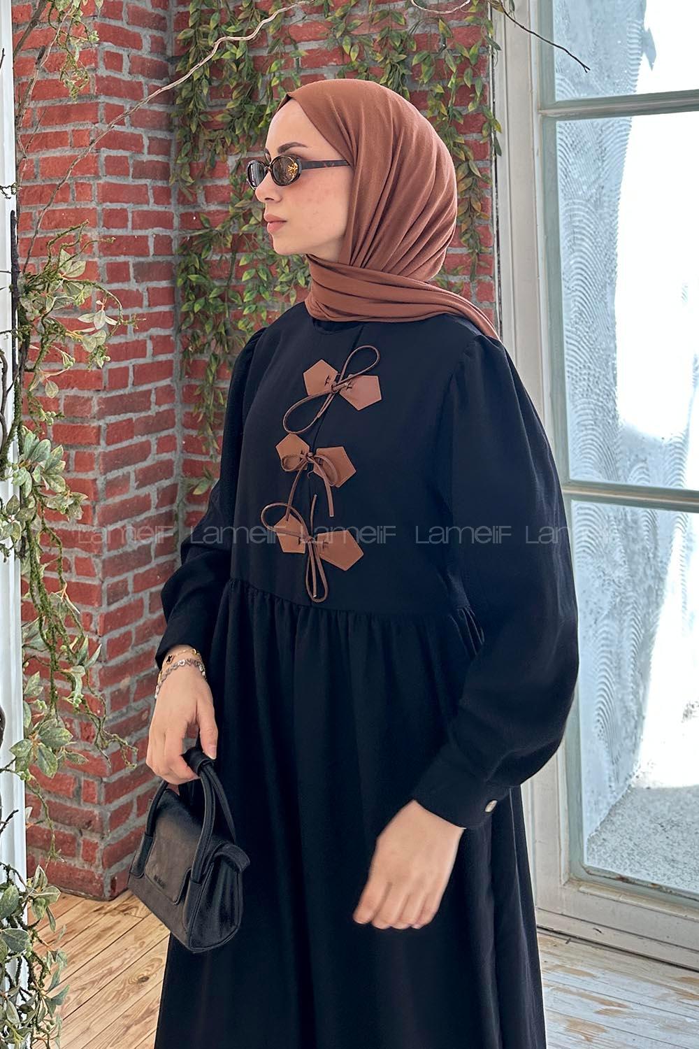 Lamelif Deri Detaylı Tesettür Elbise Siyah