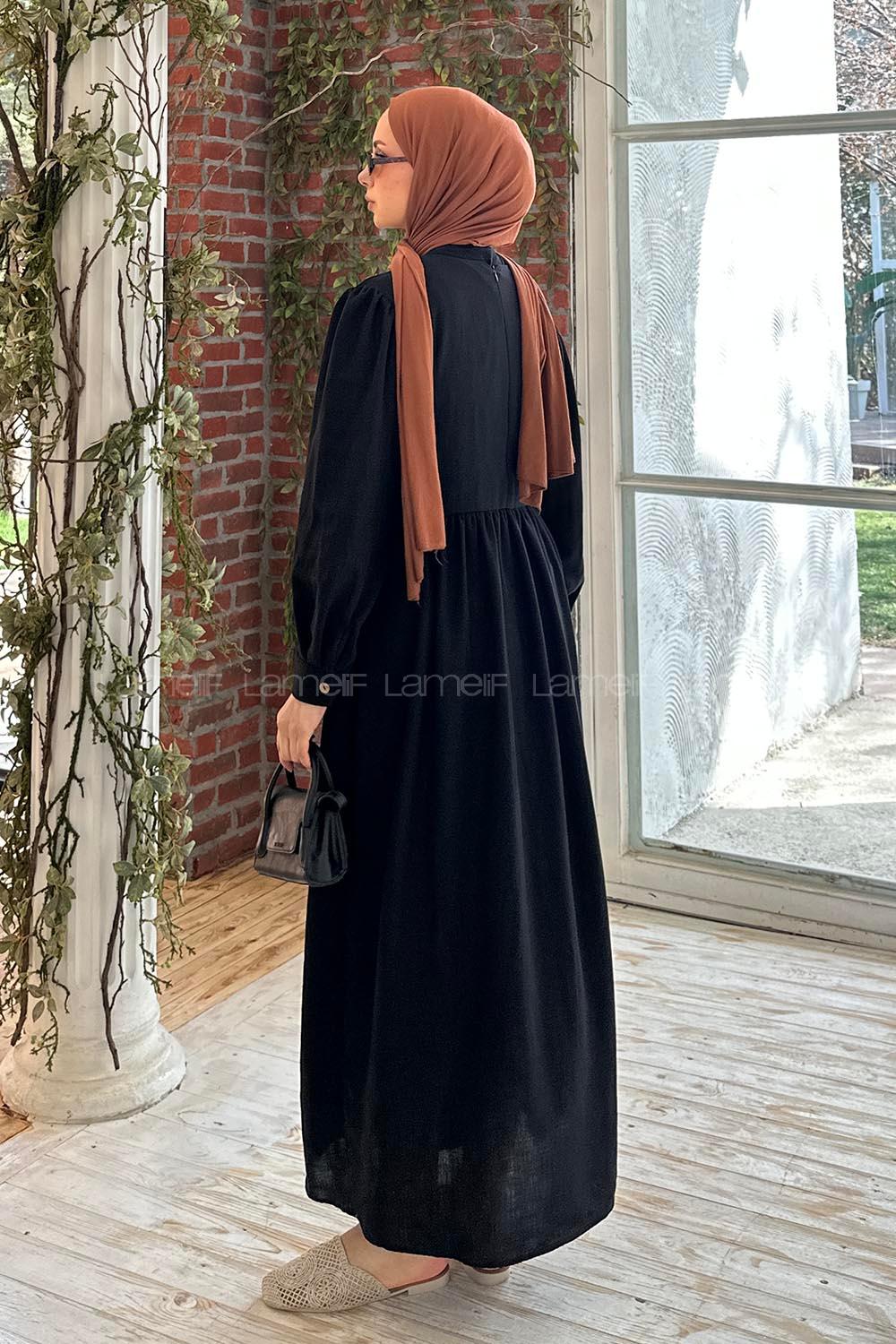 Lamelif Deri Detaylı Tesettür Elbise Siyah