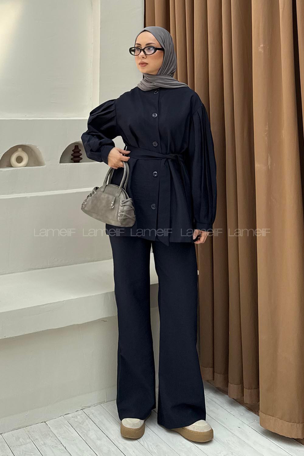 Lamelif Düğmeli Tesettür Takım Lacivert